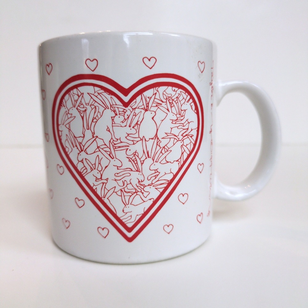 Rare Vtg 70s Taylor & Ng Naughty Bunnies Rabbits Coffee Tea‎ Mug Red White Heart